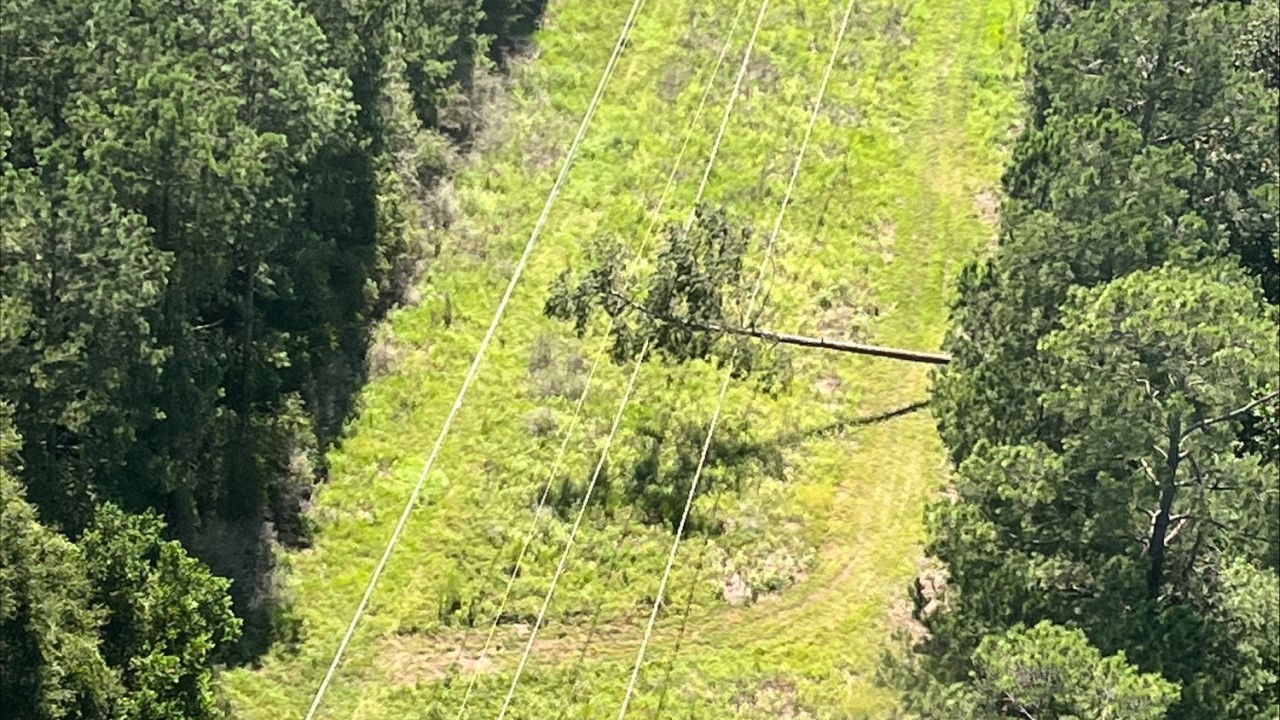 Aerial view of downed tree on Entergy Texas transmission lines